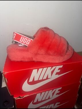 UGG Coral Plush Slide with Logo Heel Strap